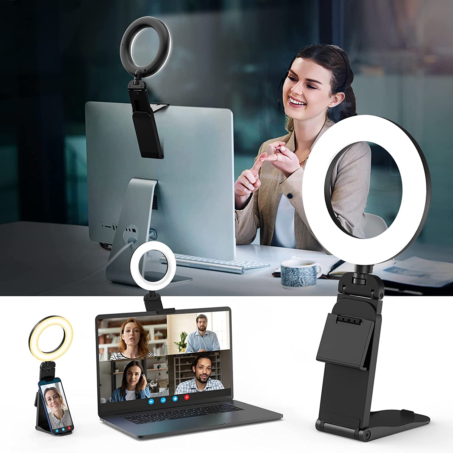 Ring Light for Computer Laptop,Video Conference Lighting Kit for Zoom Meetings,5" Small Led Selfie Light Portable Ring Light with Stand,Cell Phone Holder Desktop Ring Light for Skype Call  Evershop   