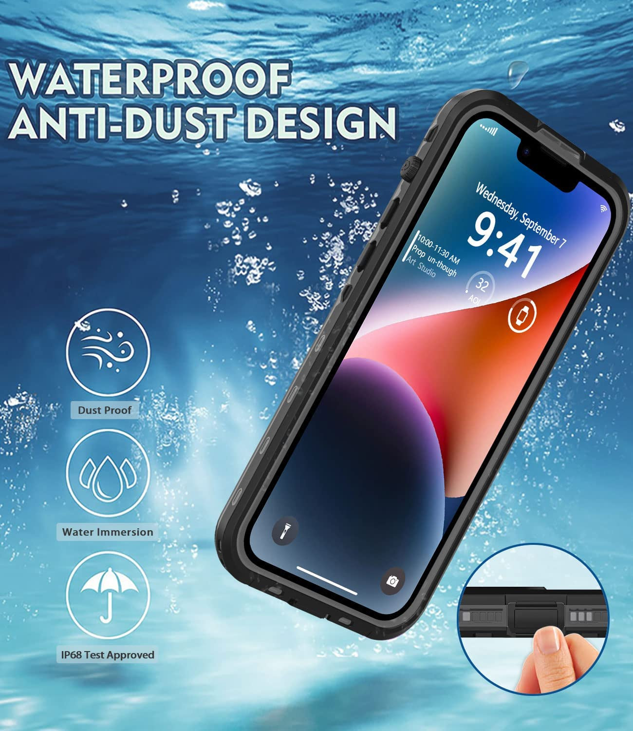Dewfoam Waterproof Iphone 14 plus Case - Shockproof, Dustproof, Built-In Screen Protector, Magnetic Ring, 6.7" (Black)  Dewfoam   