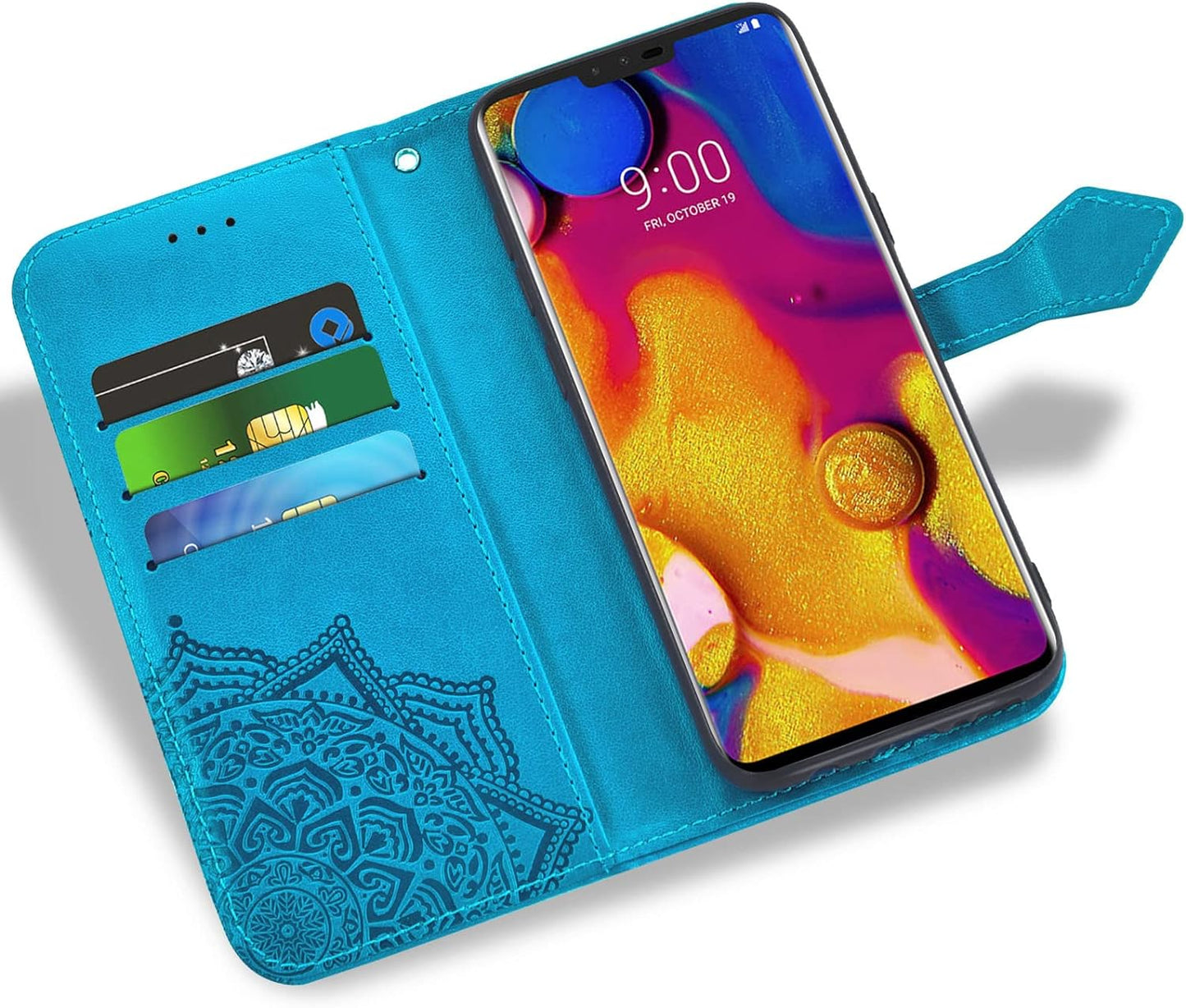 Compatible with LG V40 Thinq Wallet Case and Tempered Glass Screen Protector Flip Cover Credit Card Holder Stand Cell Phone Cases for LGV40 Storm V 40 Thin Q V40Thinq LG40 40V 40Thinq Women Men Blue  Asuwish   