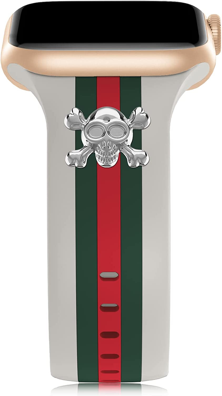 Designer Band with Charms Decor Compatible with Apple Watch Band 38Mm 40Mm 41Mm 42Mm 44Mm 45Mm 49Mm Women Men, Stylish Silicone Sport Wristbands for Iwatch Series 8 7 6 5 4 3 2 1 SE Ultra  Bagoplus Grey/Green/Red with Silver Skull 42mm/44mm/45mm/49mm 