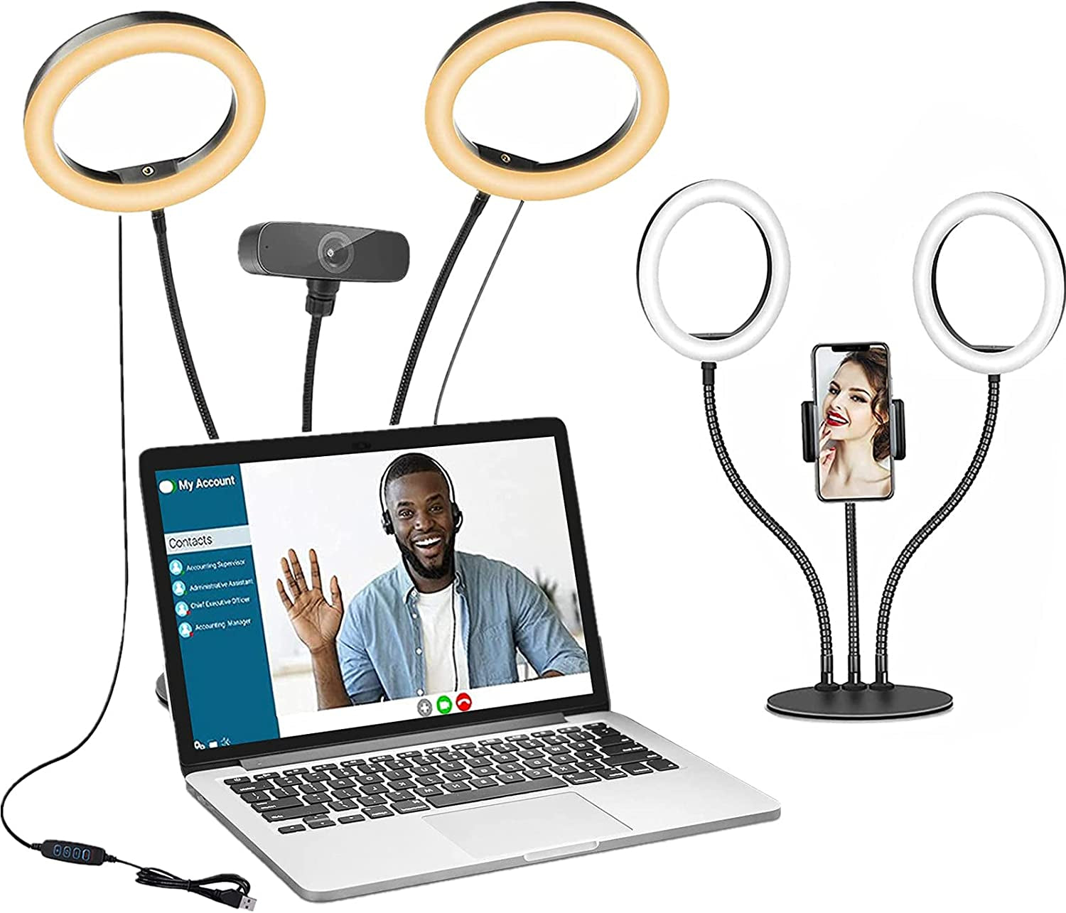 Dual Selfie Ring Light with Tripod Stand and Phone Holder, 73'' Ringlight with Tripod for Iphone/Android, Phone Ring Light for Video Recording, Live Streaming, Photography, Youtube  Yarrashop Dual Desk Ring Light  