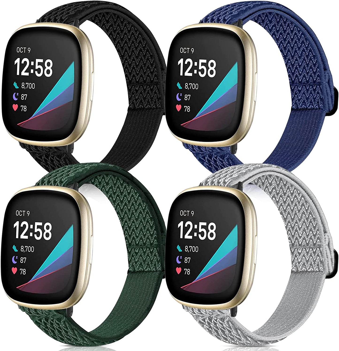 4 Pack Stretchy Bands Compatible with Fitbit Versa 3/Fitbit Versa 4/Fitbit Sense 2/Fitbit Sense Bands Women Men, Adjustable Elastic Breathable Loop Nylon Replacement Straps for Fitbit Sense & Versa 3  POHNUI Black & Dark Blue & Light Gray & Army Green  