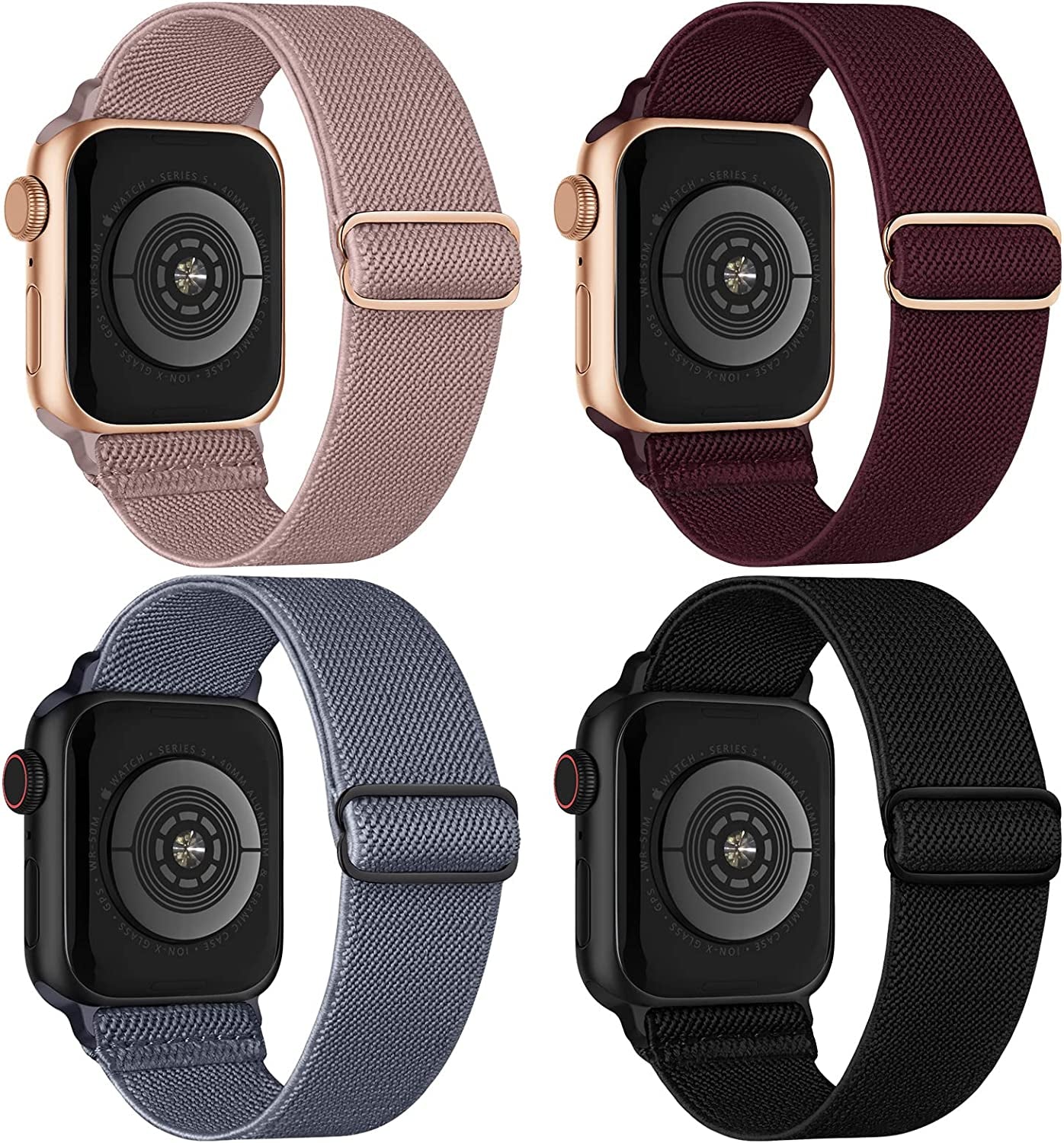Stretchy Nylon Solo Loop Compatible with Apple Watch Band 38Mm 40Mm 41Mm 42Mm 44Mm 45Mm 49Mm Series 8/7/6/5/4/3/2/1/Se/Ultra  CCnutri Black/NudePink/BlueGrey/Wine 42mm/44mm/45mm/49mm 