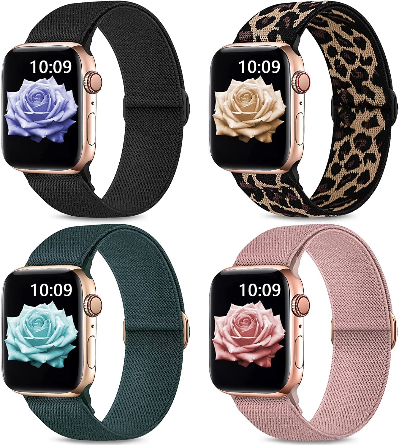 Stretchy Nylon Bands Compatible with Apple Watch Band 38Mm 40Mm 41Mm 42Mm 44Mm 45Mm 49Mm for Women Men, Elastic Solo Loop Adjustable Sport Braided Strap for Iwatch Series 8 7 SE 6 5 4 3 2 1,4 Packs  Sunnywoo Black/Dark Pink/Dark Green/Dark Pink/Leopard 42/44/45/49mm 