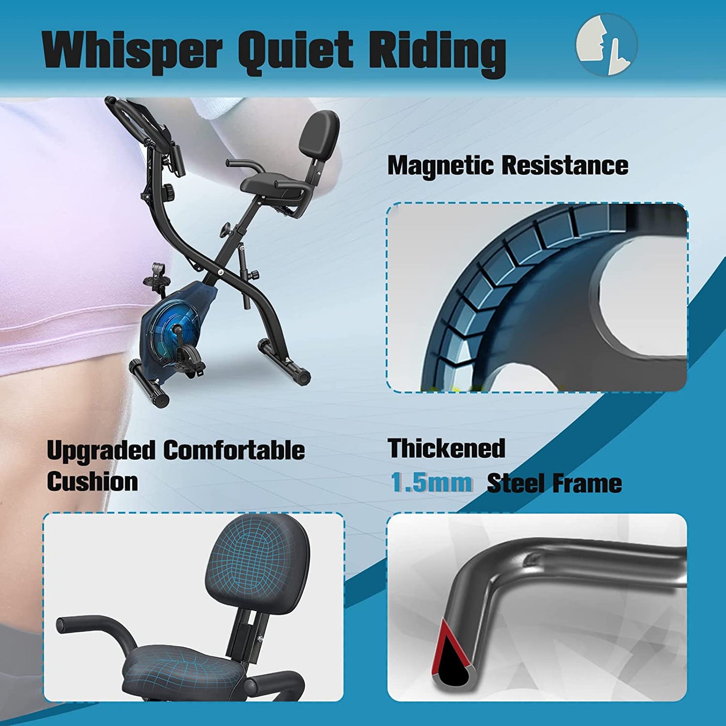 Folding Exercise Bikes DISPANK 3-In-1 X-Bike Indoor Portable Exercise Bikes, Sturdy Foldable Stationary Bike with Automatic Springback Arm Resistance Band and Backrest, 10-Level Resistance for Men, Women and Seniors  DISPANK   