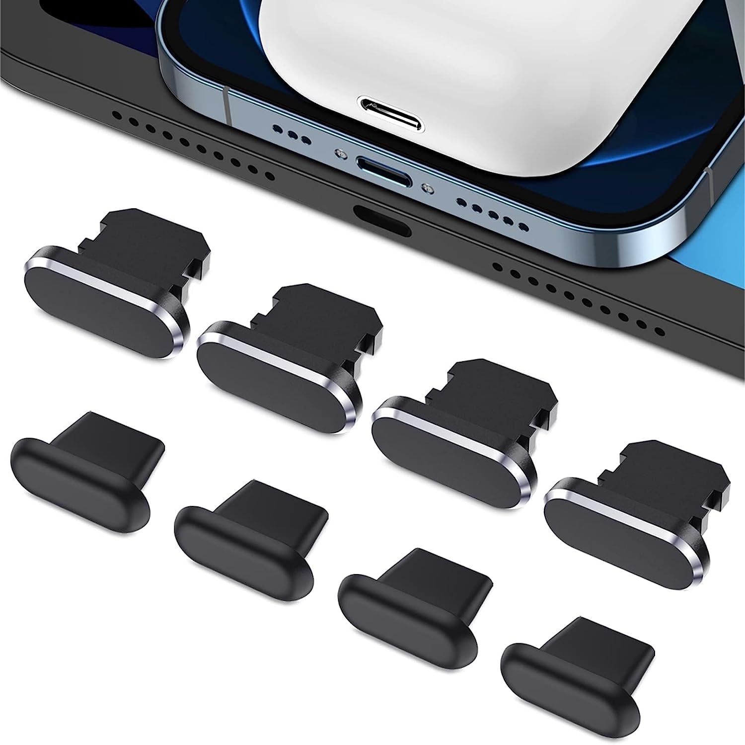 8 Pack anti Dust Plugs for Iphone 14 Pro Max Mini 13 12 11 X Xs 8 plus Ipad Airpods + Mini Storage Box Iphone Charging Port Plugs, Black  AUZOSL   