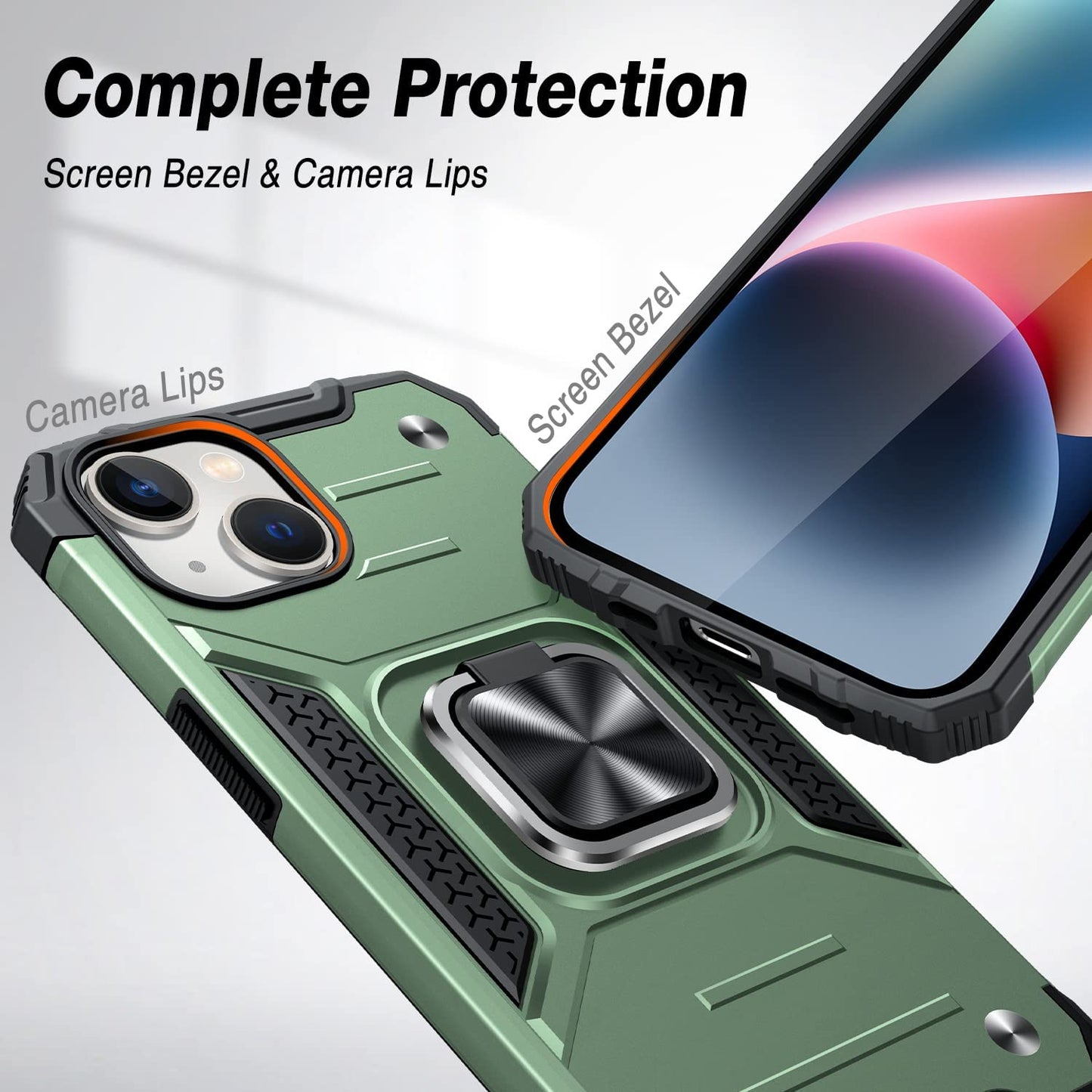 JAME for Iphone 14 Case with Screen Protector [2 PCS], Shockproof Bumper Case for Iphone 14 Case for Women & Men, Heavy-Duty Protection with Metal Ring Kickstand Case for Iphone 14, Alpine Green  XJXIN   