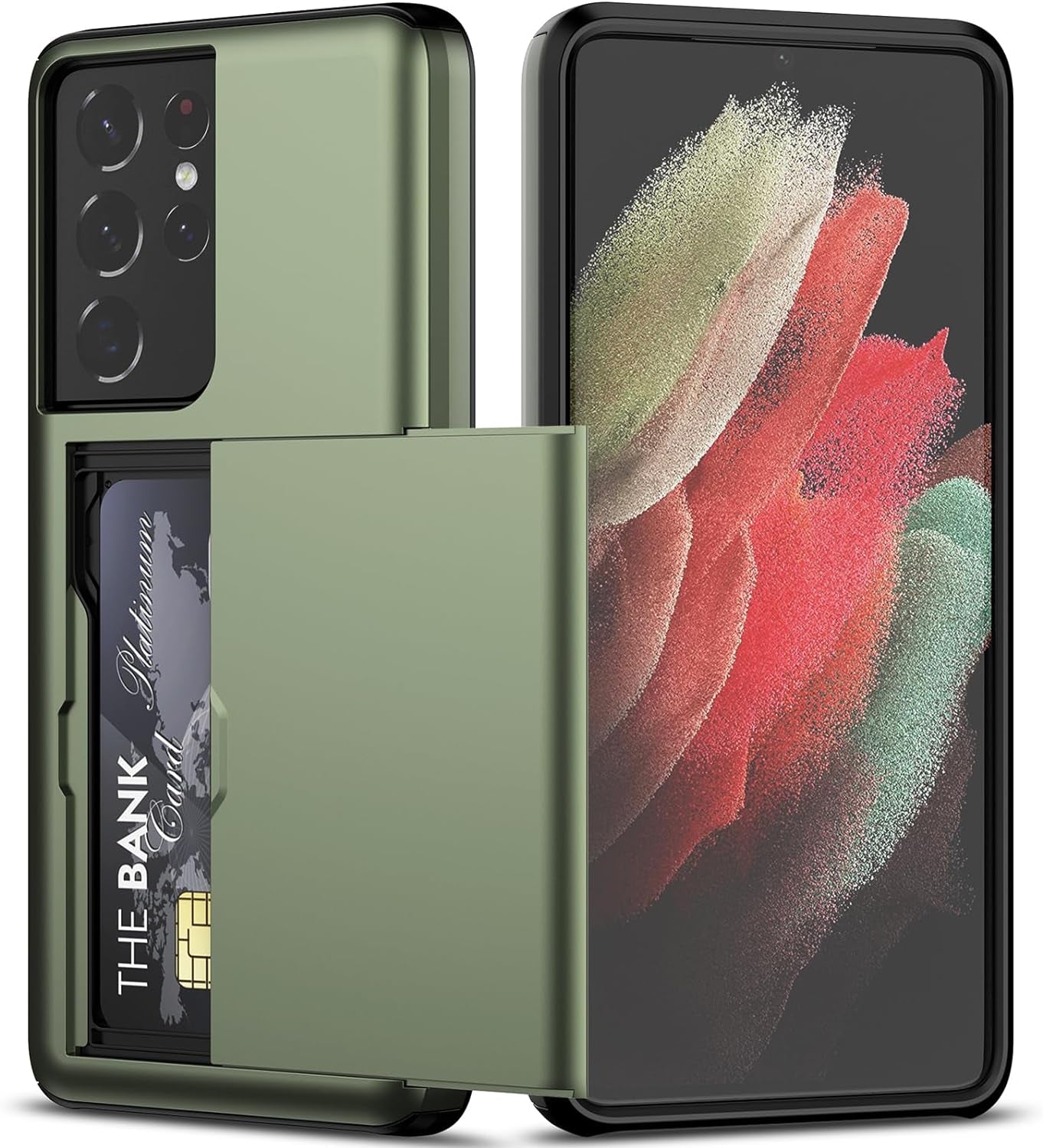 Nvollnoe for Samsung S21 Ultra Case with Card Holder Dual Layer Heavy Duty Protective Galaxy S21 Ultra Case Hidden Card Slot Slim Wallet Case for Samsung S21 Ultra(Rose Gold)  Nvollnoe Green For Galaxy S21 Ultra-6.8'' 