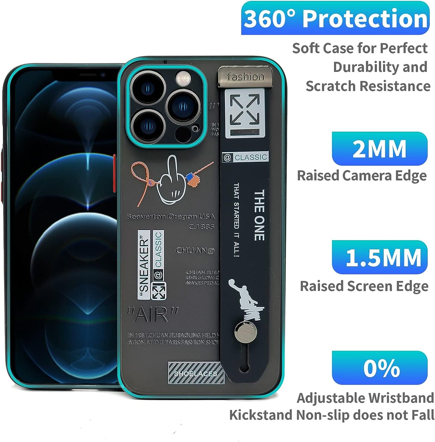 YIJIBANG for Iphone 12 Pro Case with Design Basketball Sports Shoes Pattern Slim Thin Clear Hard Back Shockproof with Adjustable Wristband Kickstand Loopy Phone Cover Men Boys Cool White Black  PTyouhaowei   