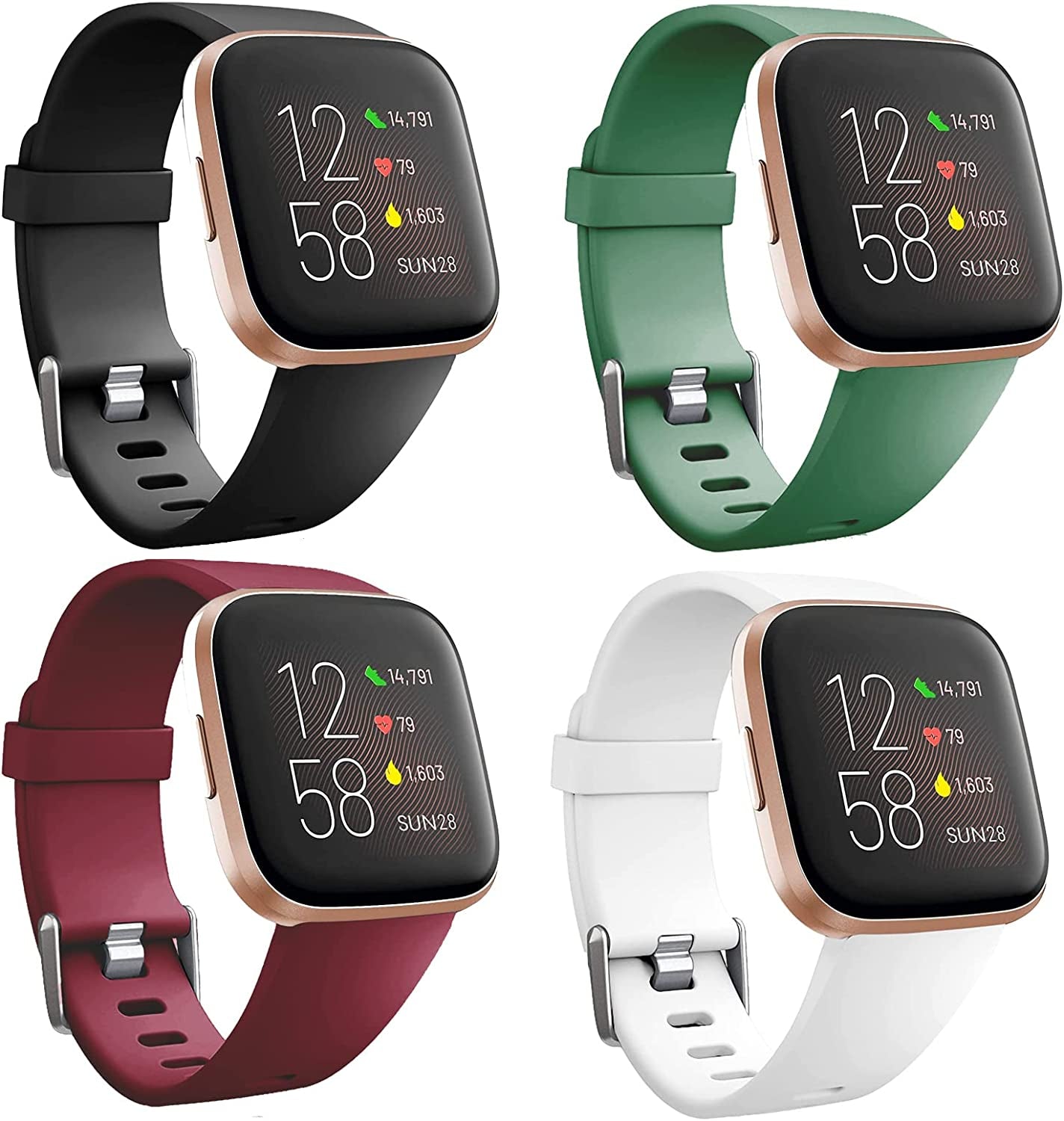 4 Pack Sport Bands Compatible with Fitbit Versa 2/Fitbit Versa/Versa Lite,Classic Soft Silicone Replacement Wristbands for Versa 2 Smart Watch Women Men Large（Black+Dark Blue+Rock Cyan+Grey）  SENGKOB black/white/pine green/Fuchsia Small 