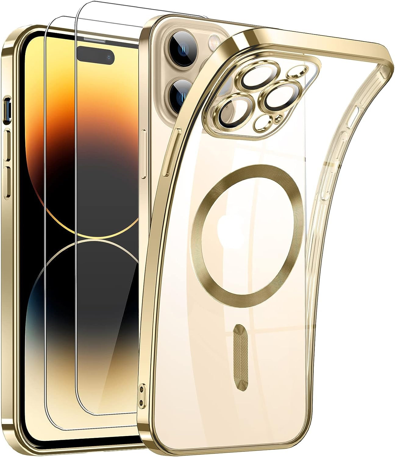 Magnetic Clear for Iphone 14 Pro Max Case with Magsafe [Integrated Camera Glass] Women Phone Case [Original Iphone Exterior] Silicone Cover Slim Thin [Non-Yellowing] Anti-Fingerprint Scratch Men  DOSNTO B-Gold Iphone 14 Pro 6.1 Inch 