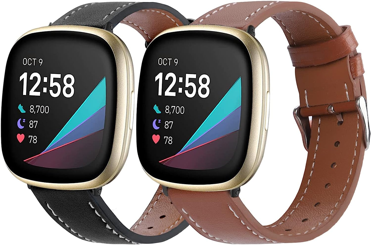 2 Pack Leather Bands Compatible with Fitbit Versa 3 Bands/Fitbit Sense Bands for Women Men, Classic Soft Leather Replacement Wristbands Strap for Fitbit Versa 3 / Fitbit Sense  POHNUI   