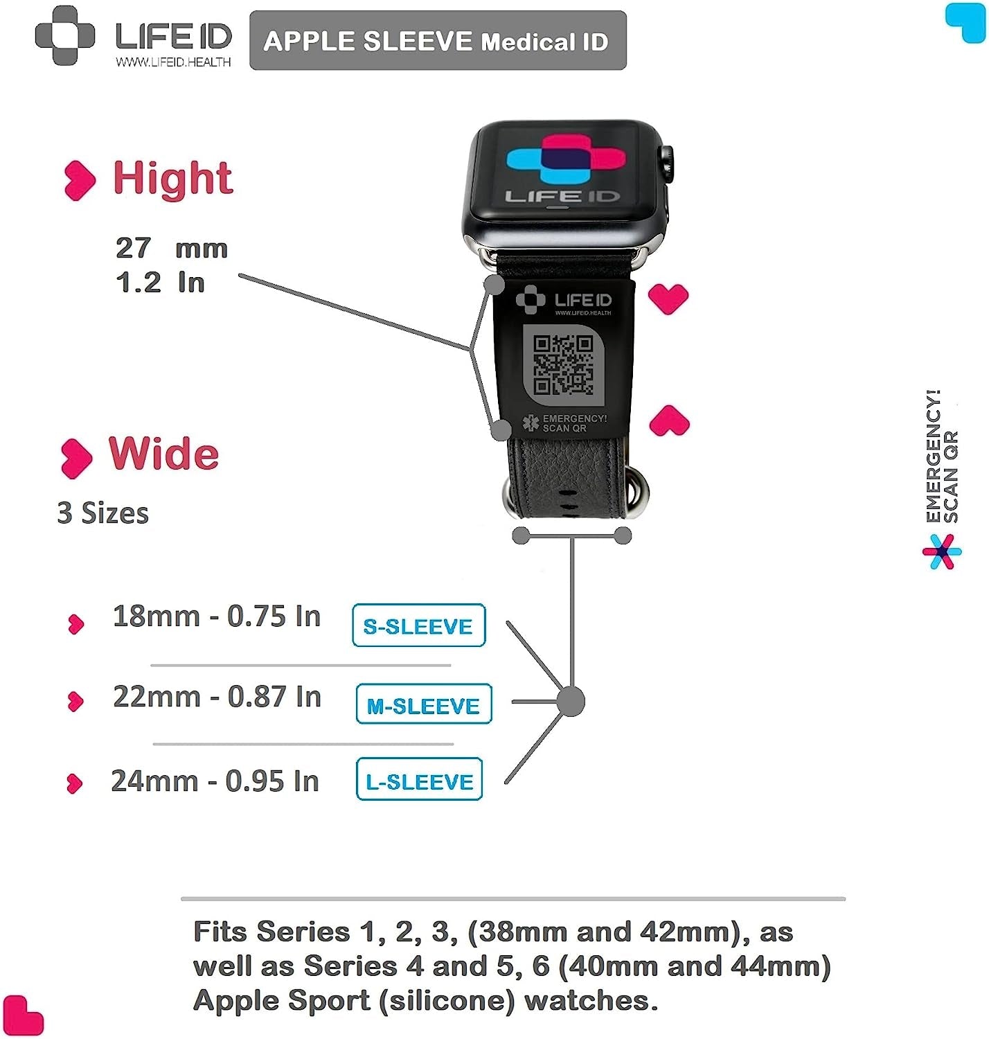 LIFE ID Sleeve Medical ID I Fits Apple Watch Bands & Fitbit Bands I Free Profile Dashboard I No Subscriptions Fees I Edit Information Anytime I 22Mm Wide  LIFE ID   
