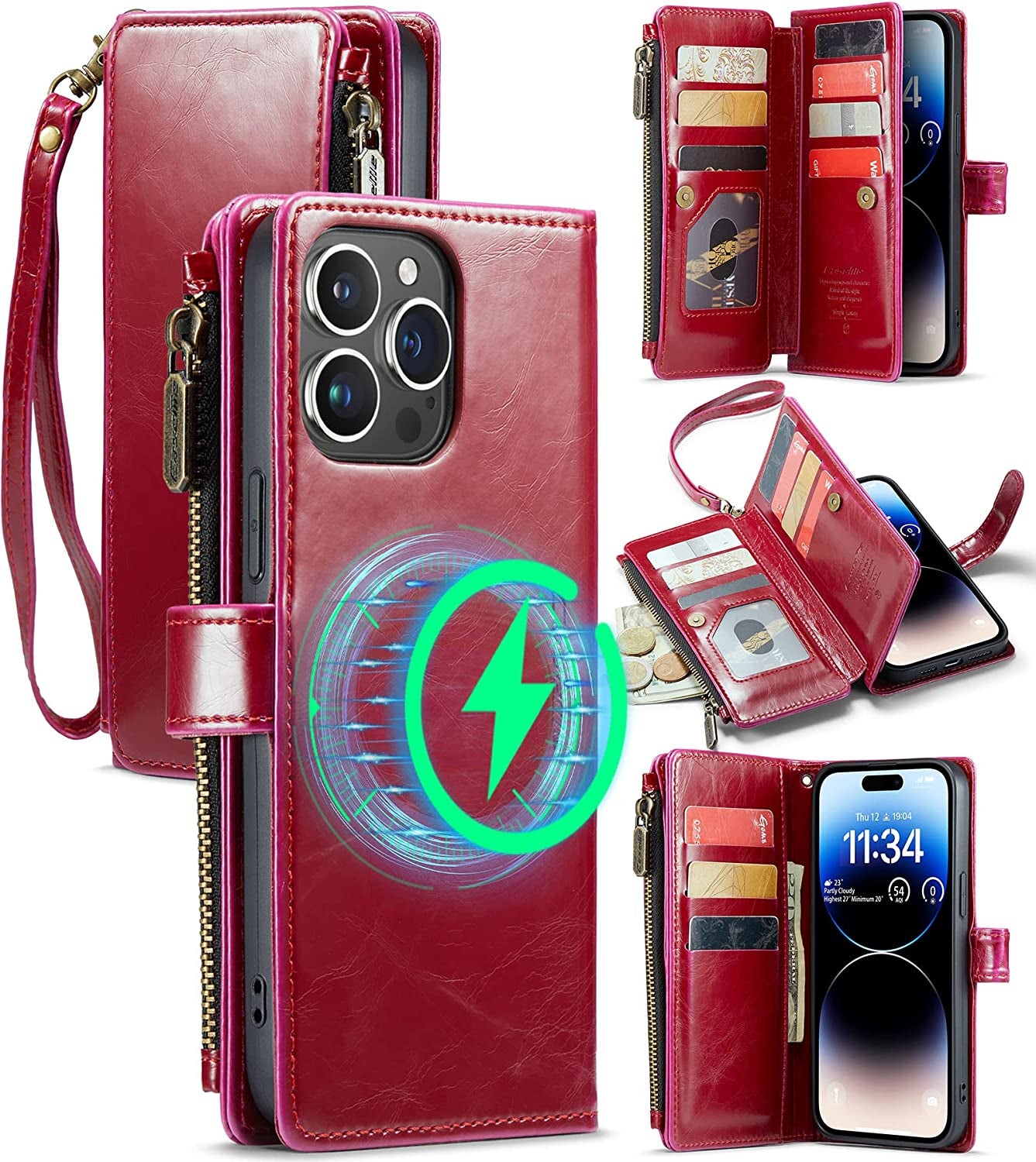 FLIPALM Wallet Case for Iphone 14 Pro(6.1") Flip Case,Compatible with Magsafe Charger,Pu Leather Zipper Protective Lanyard Strap Wristlet Case with Magnetic Closure and Card Holder Luxury Coffee  FLIPALM Luxury Red iPhone 14 Pro Max 