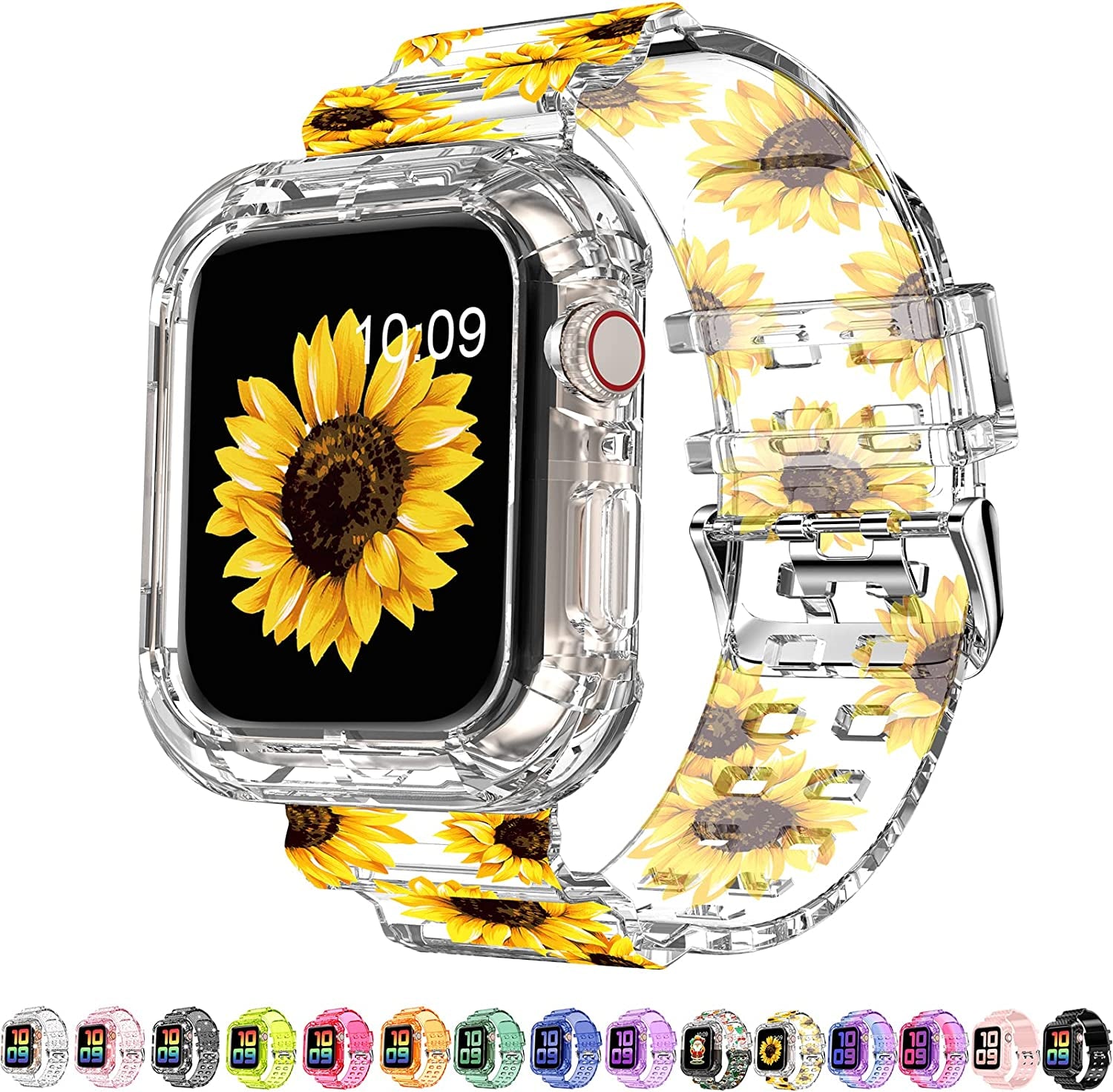 DABAOZA Compatible for Clear Apple Watch Band 38Mm 40Mm 41Mm 42Mm 44Mm 45Mm with Case, Women Girl Glitter Clear Bling Crystal Sport Strap and Bumper for Iwatch Band Ultra SE Series 8/7/6/5/4/3/2/1  DABAOZA Sunflower-1 45mm/44mm/42mm 