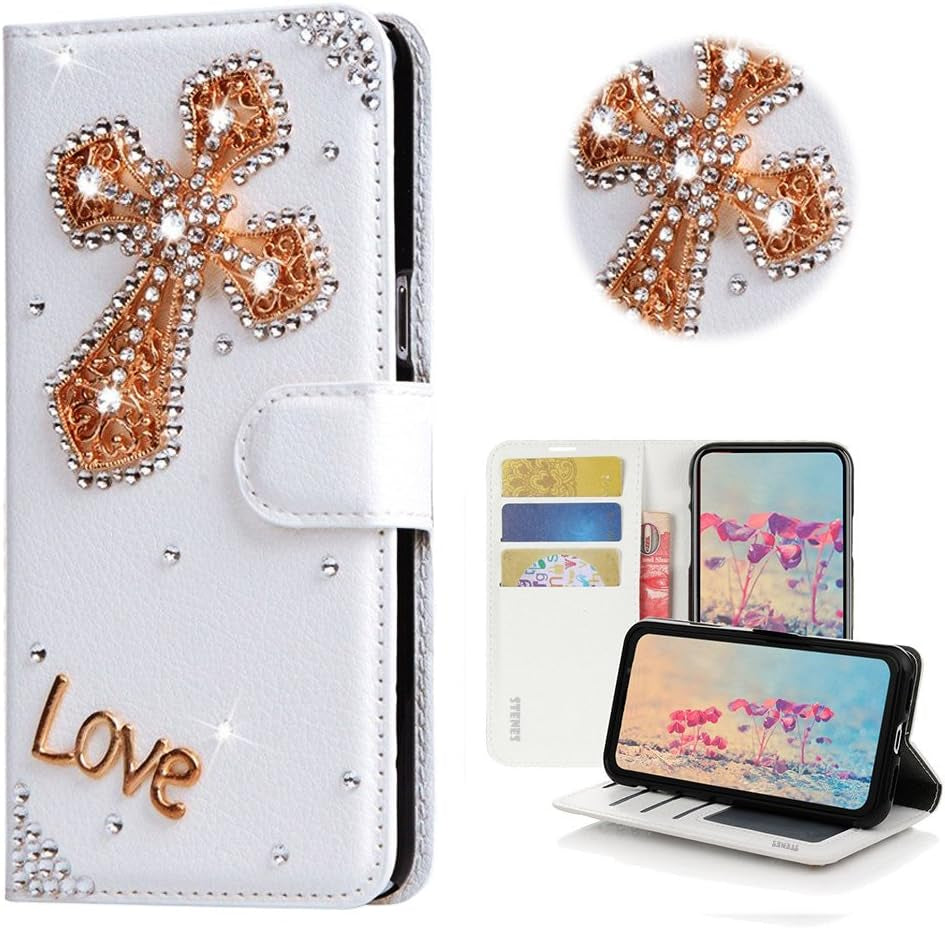 STENES LG G6 Case, LG G6 plus Case - STYLISH - 3D Handmade Bling Crystal Rose Heart Pendant Flowers Wallet Credit Card Slots Fold Stand Leather Cover Case for LG G6/LG G6 plus - White  STENES Cross / Gold  
