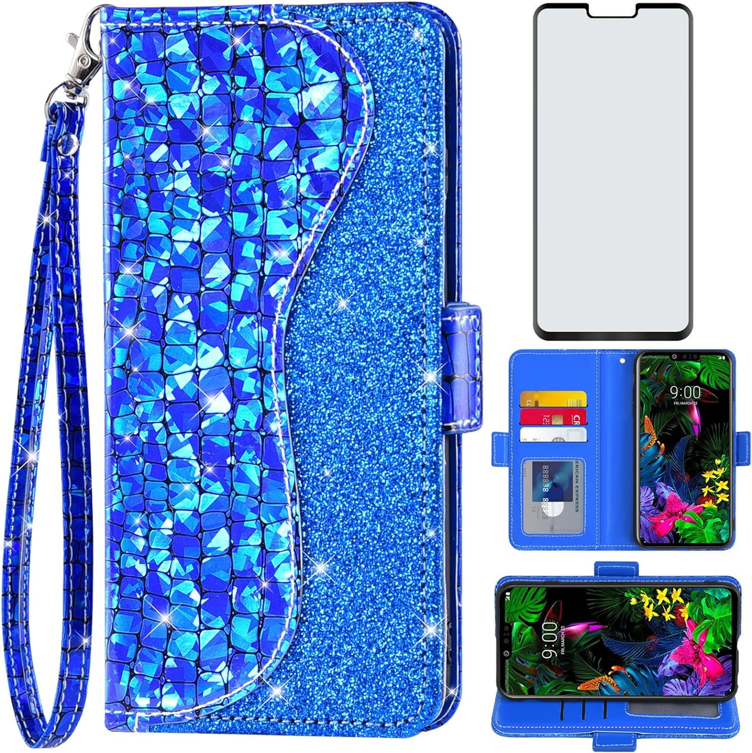 Asuwish Phone Case for LG G8 Thinq Wallet Cover with Screen Protector and Wrist Strap Flip Credit Card Holder Bling Glitter Stand Cell LGG8 Thin Q G 8 LG8 G8Thinq Lgg8Thinq 8G Women Girls Silver  Asuwish Blue For Lg G8 Thinq / G8 