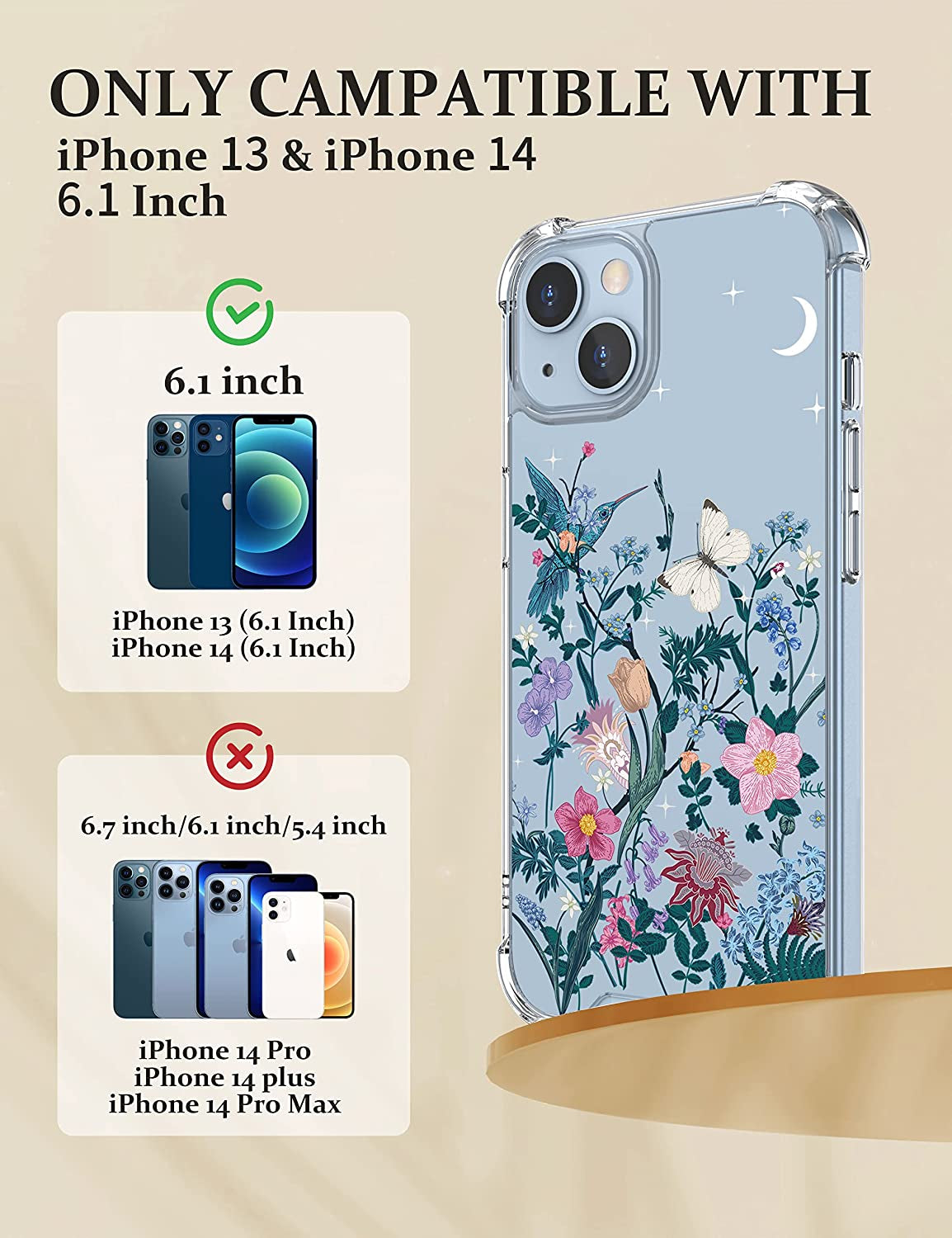 Cutebe [3 in 1 Crystal Phone Case for Iphone 13(2021)/Iphone 14(2022) 6.1", Cute Protective Cover with 9H Temper Glass Screen Protector + HD Temper Camera Lens Protector for Women, Girls  Cutebe   