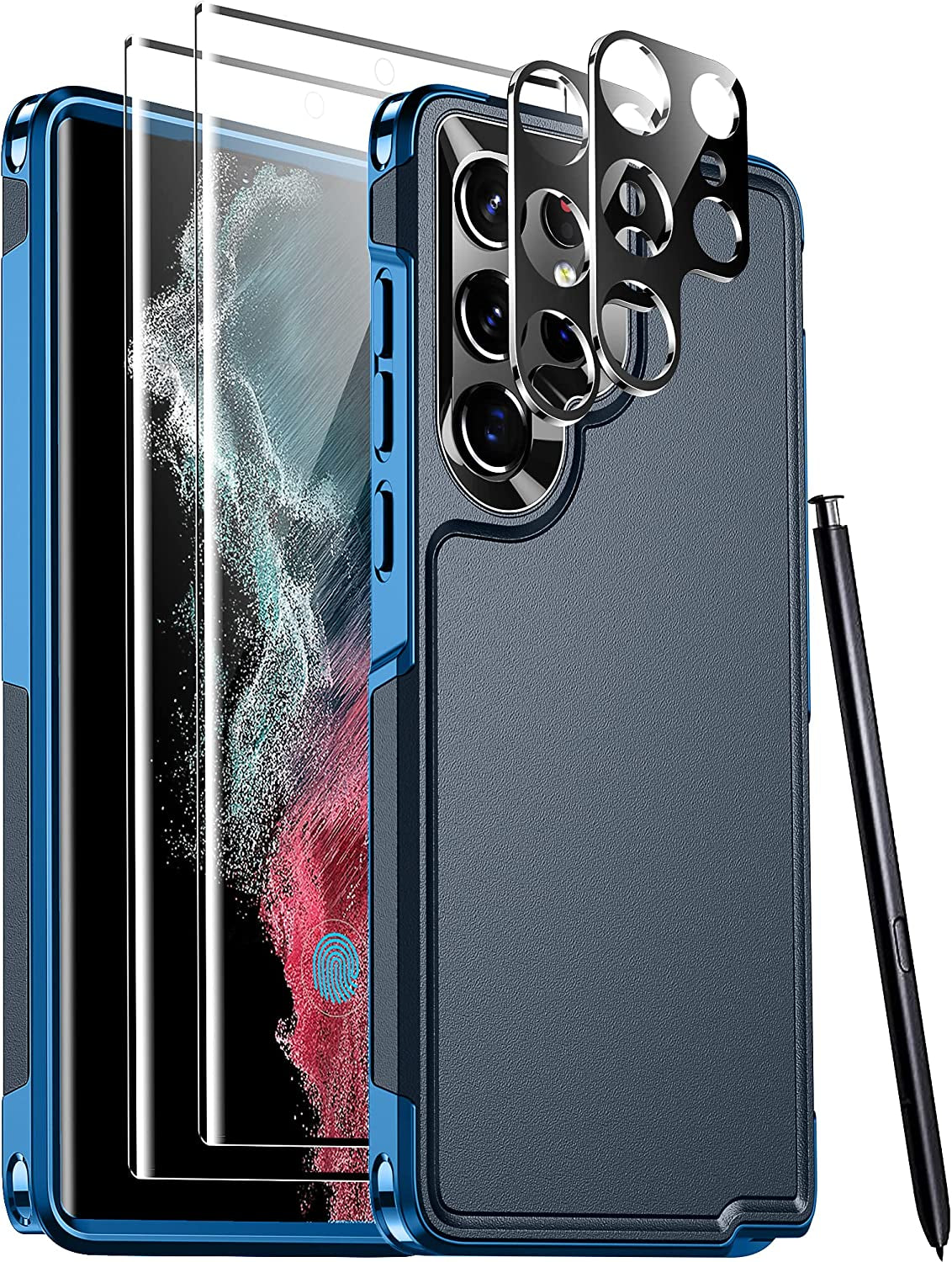 Temdan [Heavy Shockproof for Samsung Galaxy S22 Ultra Case,With 2 Pack [Soft Screen Protector + Camera Lens Protector] [Military Grade Drop Protection] Tough Rugged Full-Body Protection Phone Case Red  Temdan Blue/6In1 Samsung Galaxy S22 Ultra 