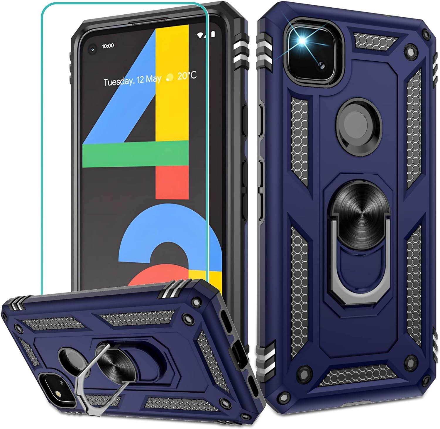 Gritup Google Pixel 4A Case (No Fit for Pixel 4A 5G) with HD Screen Protector, Military-Grade Protective Heavy Duty Phone Case with Magnetic Kickstand Ring for Google Pixel 4A Purple  Gritup Blue  