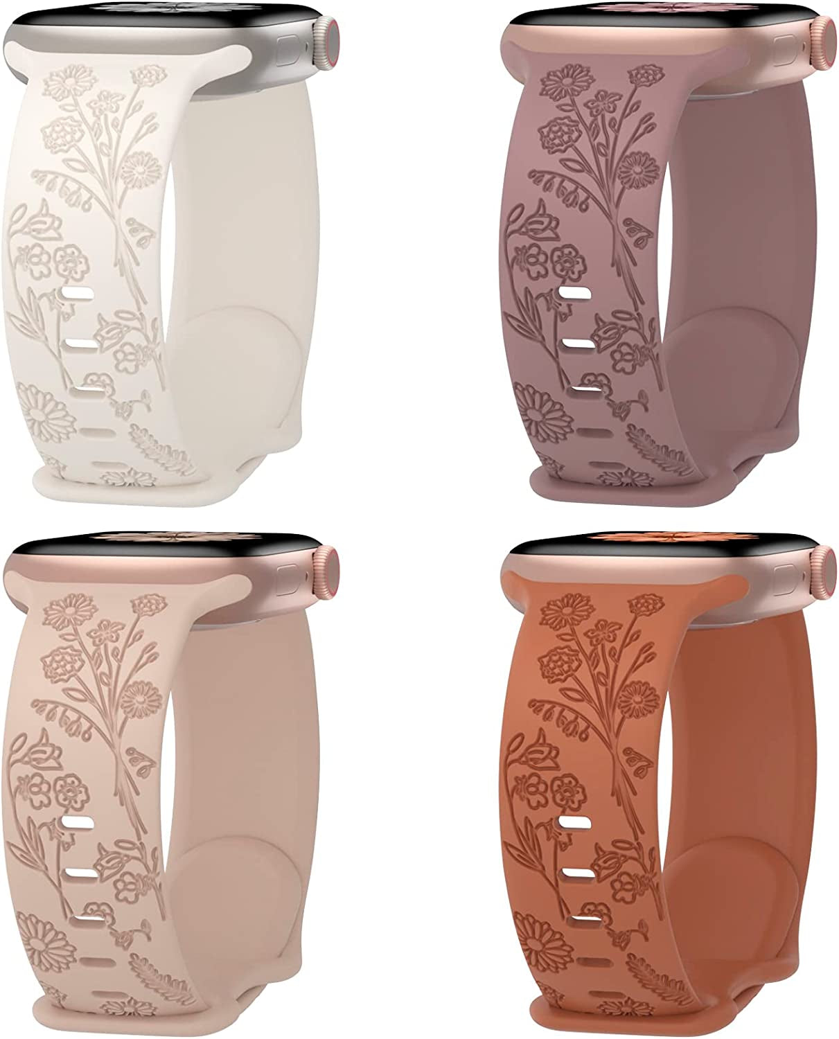 Keebowz 4 Pack Flower Engraved Silicone Band Compatible with Apple Watch Band 38Mm 40Mm 41Mm 42Mm 44Mm 45Mm 49Mm, Women Soft Floral Strap Sport Wristbands for Iwatch Series 8/7/6/5/4/3/2/1/Se/Ultra  Keebowz   