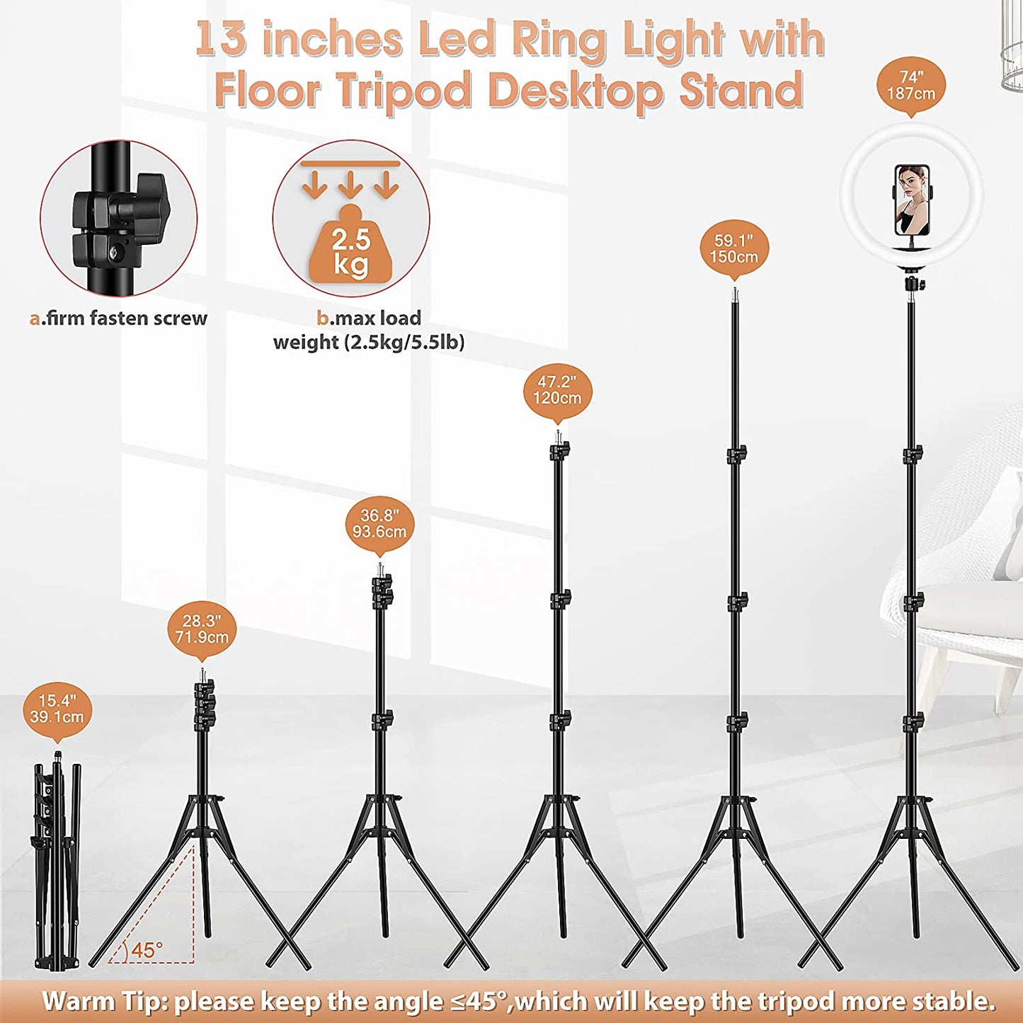 13 Inch Ring Light with Floor Tripod and Desk Stand(Ringlight Kit Totally 74" Tall), LED Circle Light with Phone Holder, for Photo Selfie, Video Recording, Zoom Meeting  LIPETY   