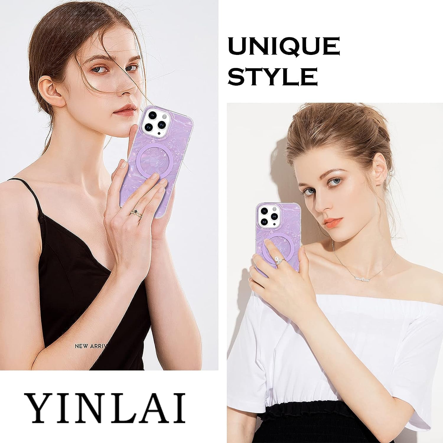 YINLAI Case for Iphone 14 Pro Max,[Compatible with Magsafe],Pearl Glitter Magnetic Slim Bling Sparkly Mother-Of-Pearl Seashell Women Girls Girly Soft Shockproof Protective Phone Cover 6.7 Inch,Purple  YINLAI   