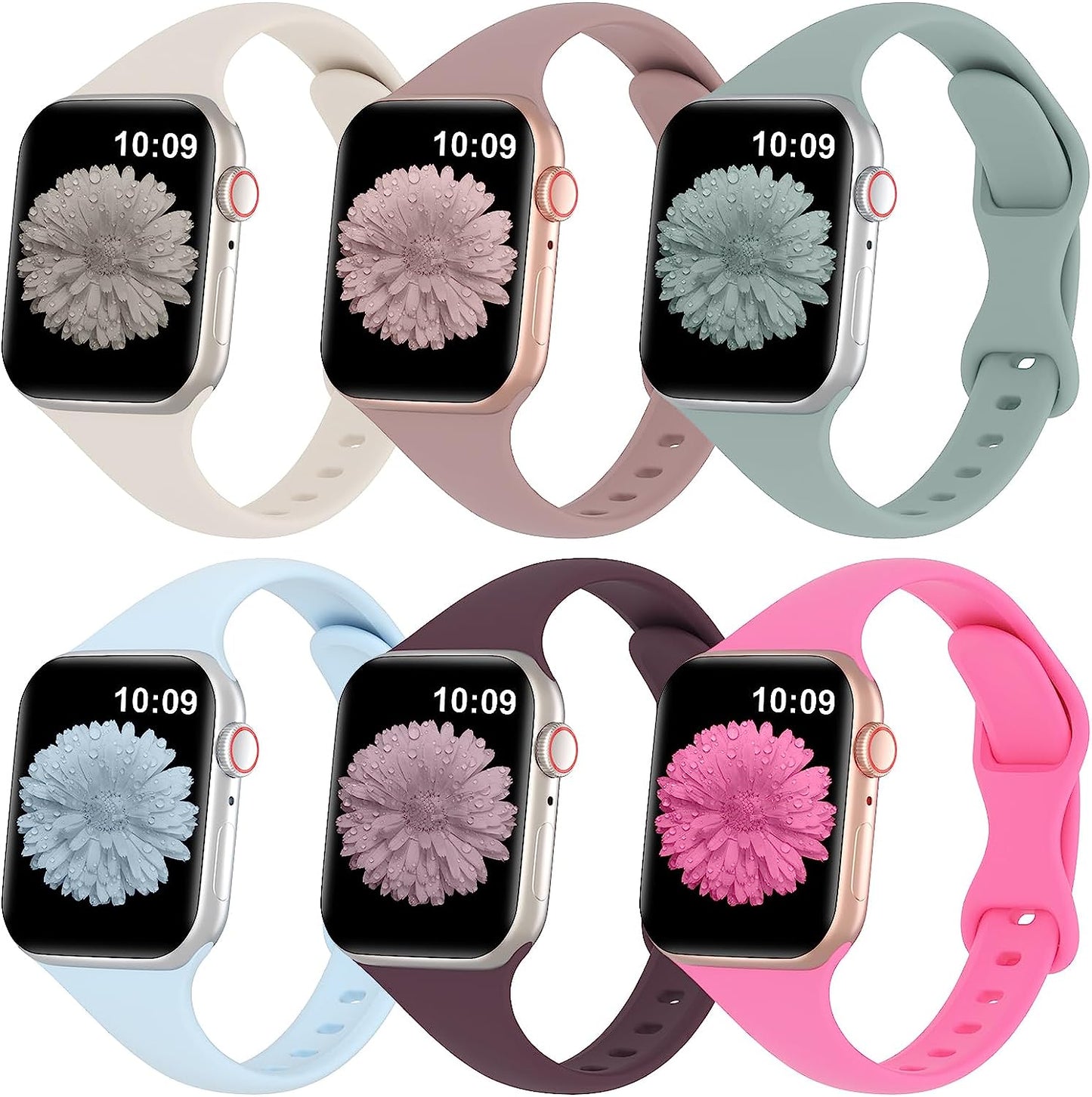 Slimband 6 Pack Slim Silicone Bands Compatible for Apple Watch Band 38Mm 40Mm 41Mm 42Mm 44Mm 45Mm 49Mm, Narrow Replacement Strap Thin Wristband for Iwatch Ultra Series 8/SE/7/6/5/4/3/2/1 Women Men  Slimband Starlight/Smoke Violet/Succulent/Fog Blue/Dark Cherry/Hot Pink 42mm/44mm/45mm/49mm 