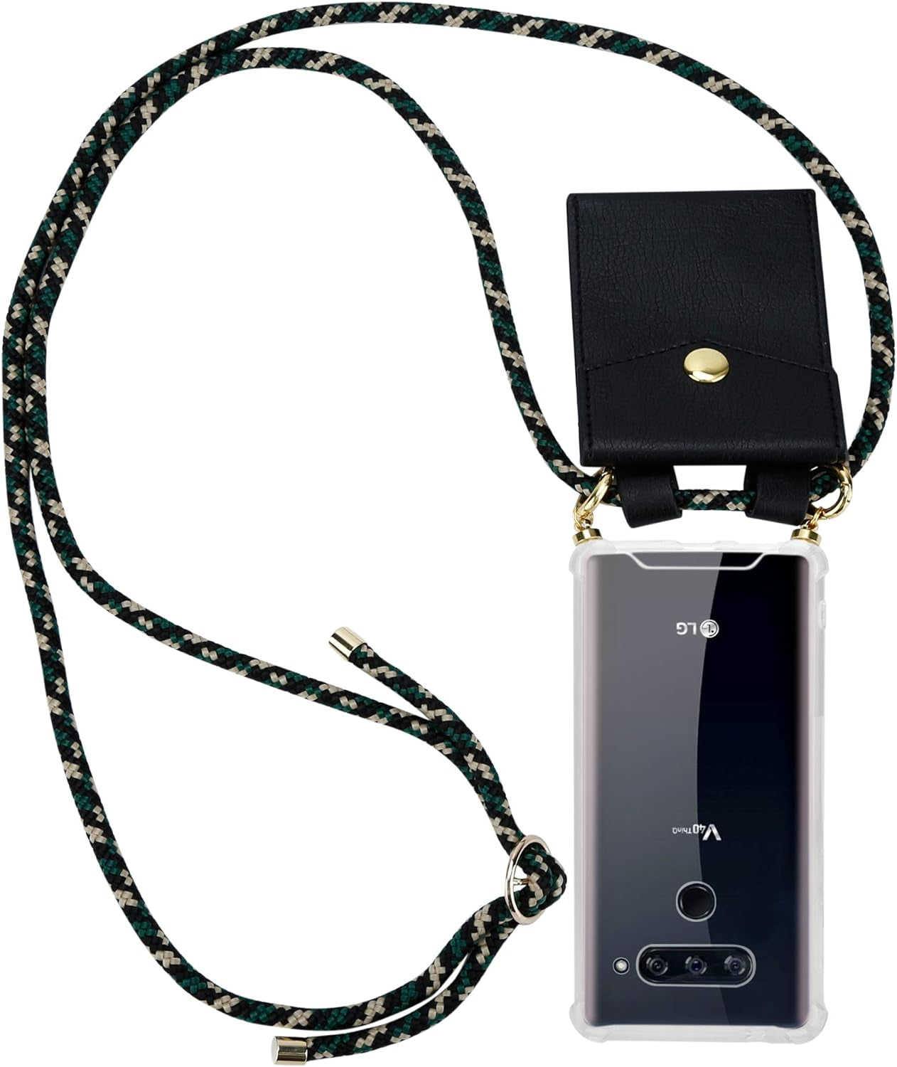 Cadorabo Necklace Case Compatible with LG V40 in Black Silver - Transparent TPU Silicone Cover with Golden Rings, Sling Strap and Removable Etui  Cadorabo Camouflage  