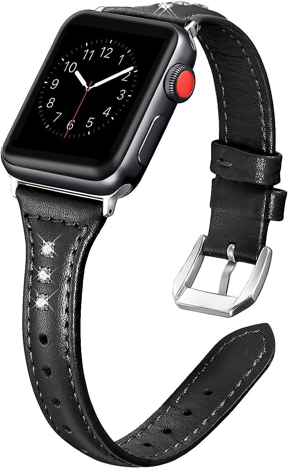 Secbolt Leather Bands Compatible Apple Watch Band 38Mm 40Mm 41Mm 42Mm 44Mm 45Mm Slim Replacement Wristband Sport Strap for Iwatch SE Series 8 7 6 5 4 3 2 1 Stainless Steel Buckle  Secbolt Black with Rhinestone 38mm/40mm/41mm 