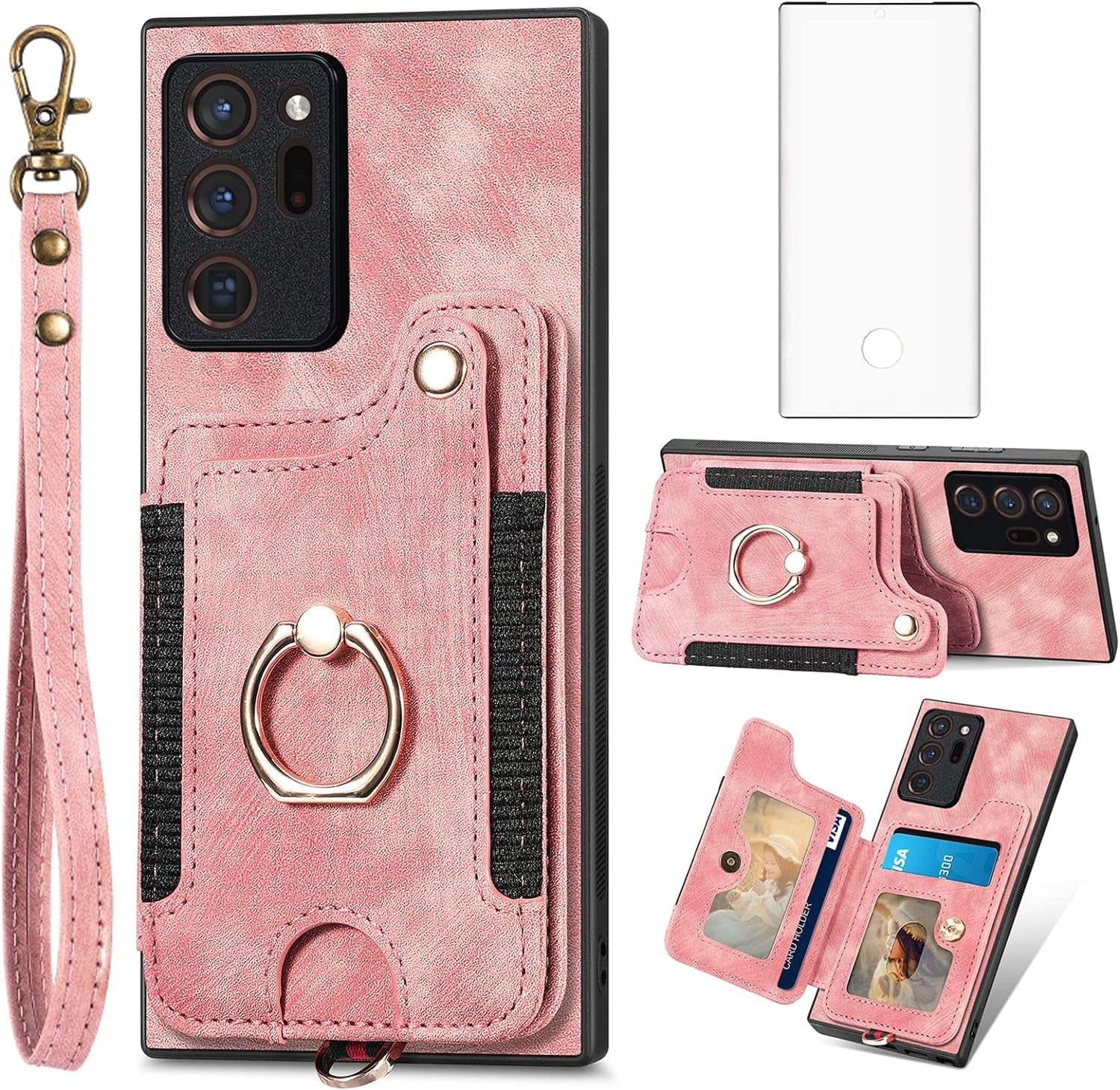 Phone Case for Samsung Galaxy Note 20 Ultra 5G Wallet Cover with Screen Protector and Wrist Strap RFID Card Holder Ring Stand Note20 plus Notes 20Ultra Note20+ U + 20+ Twenty Not S20 Women Men Brown  Asuwish Pink  