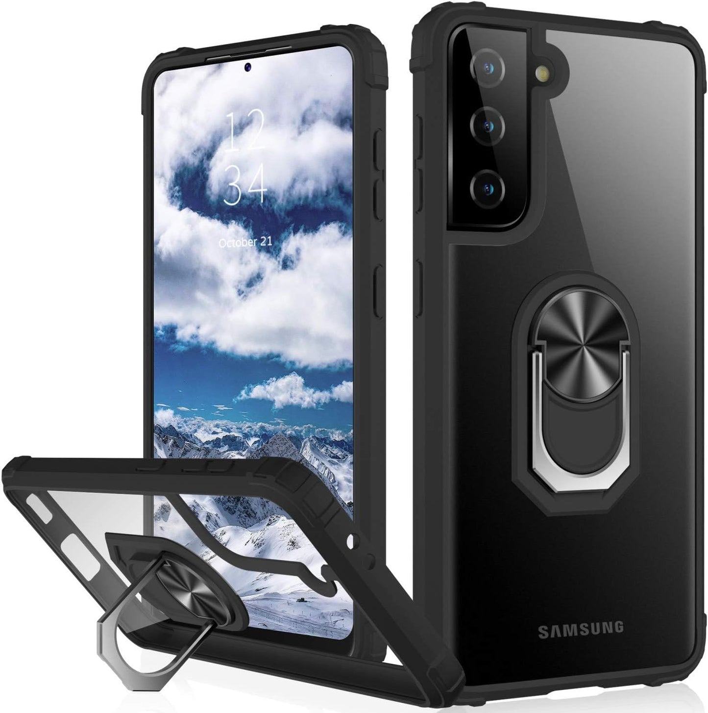 IKAZZ Galaxy S21 Case,Samsung S21 Cover Military Grade Shockproof Heavy Duty Protective Phone Case Pass 16Ft Drop Test with Magnetic Kickstand Car Mount Holder for Samsung Galaxy S21 Black  IKAZZ Clear+Black Galaxy S21 Plus (Medium 6.7") 