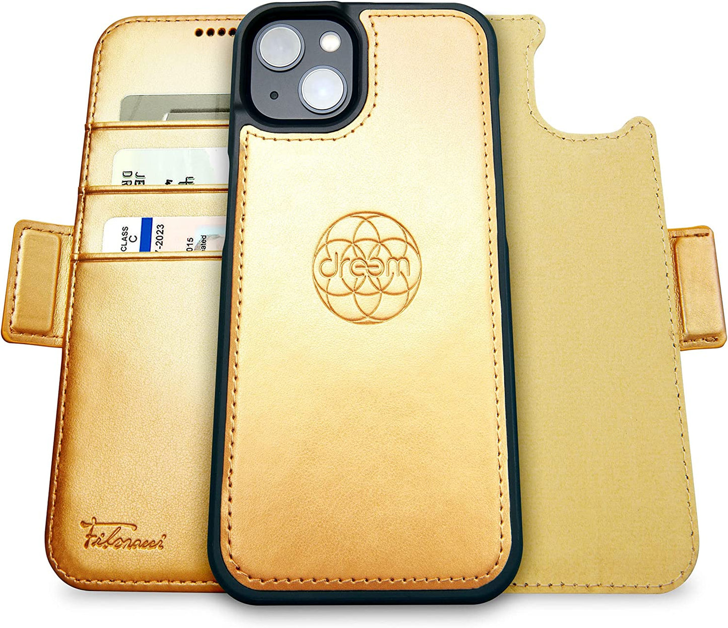 Dreem Fibonacci 2-In-1 Wallet Case for Apple Iphone 14 plus - Luxury Vegan Leather, Magnetic Detachable Shockproof Phone Case, RFID Card Protection, Magsafe Compatible - Black  dreem Gold iPhone 14 Plus 