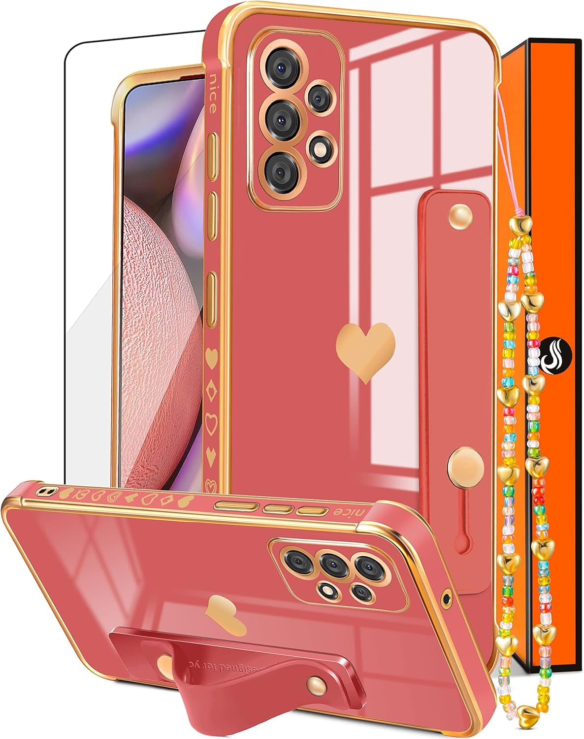 Likiyami (3In1 for Samsung Galaxy A53 5G Case Heart Women Girls Cute Girly Aesthetic Trendy Luxury Pretty with Loop Phone Cases Blue and Gold Plating Love Hearts Cover+Screen+Chain for A53 5G -6.5''  Likiyami Only For Samsung Galaxy A53 5G-Red  