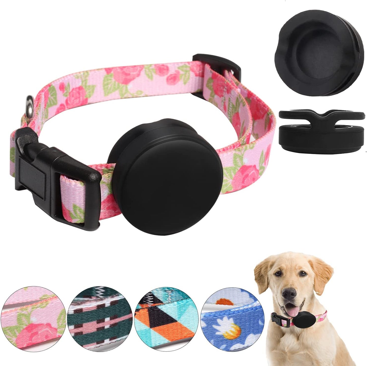 EXIEUSKJ Airtag Dog Collar, Item Finder Case for Apple Airtag 2021, Polyester Pet Cat Puppy Collar with Silicone Airtag Holder for Small, Medium, Large, Dogs,Pink Rose, M: 12.9''-21.6''Neck  dogcollarair618-7   
