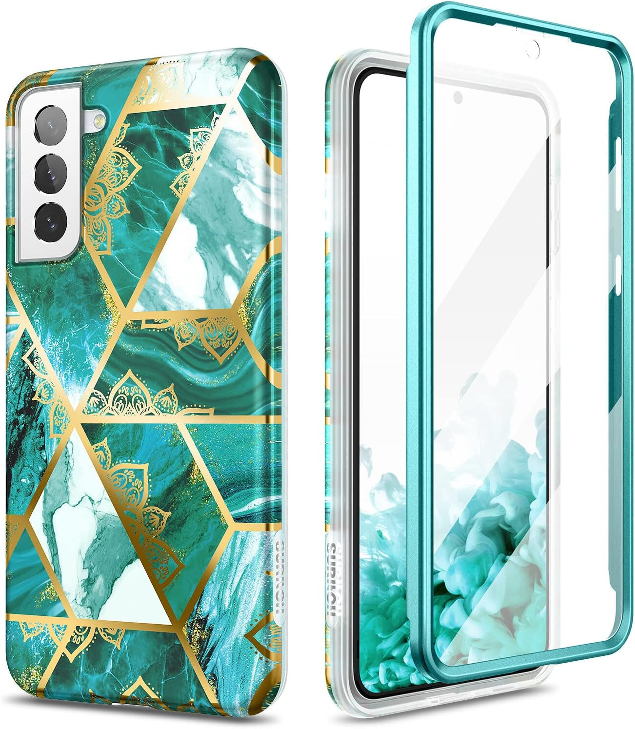 SURITCH Phone Case for Samsung Galaxy S21 plus 6.7 Inches, Front Cover with Built-In Screen Protector Full-Body Protection Shockproof TPU Bumper Protective Case for Girl Women Cute, Rose Marble  SURITCH Green Mandala  