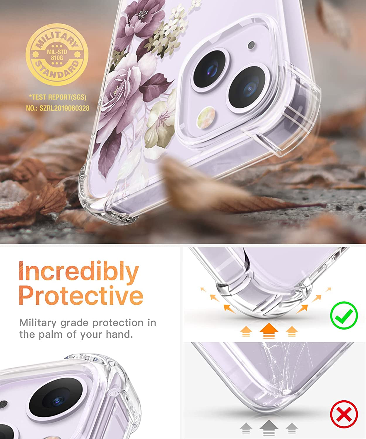 GVIEWIN Case Compatible with Iphone 14 plus 6.7 Inch,With Screen Protector + Camera Lens Protector, Clear Flower Shockproof Soft Protective Floral Women Phone Cover, 2022 (Cherry Blossoms/Purple)  GVIEWIN   