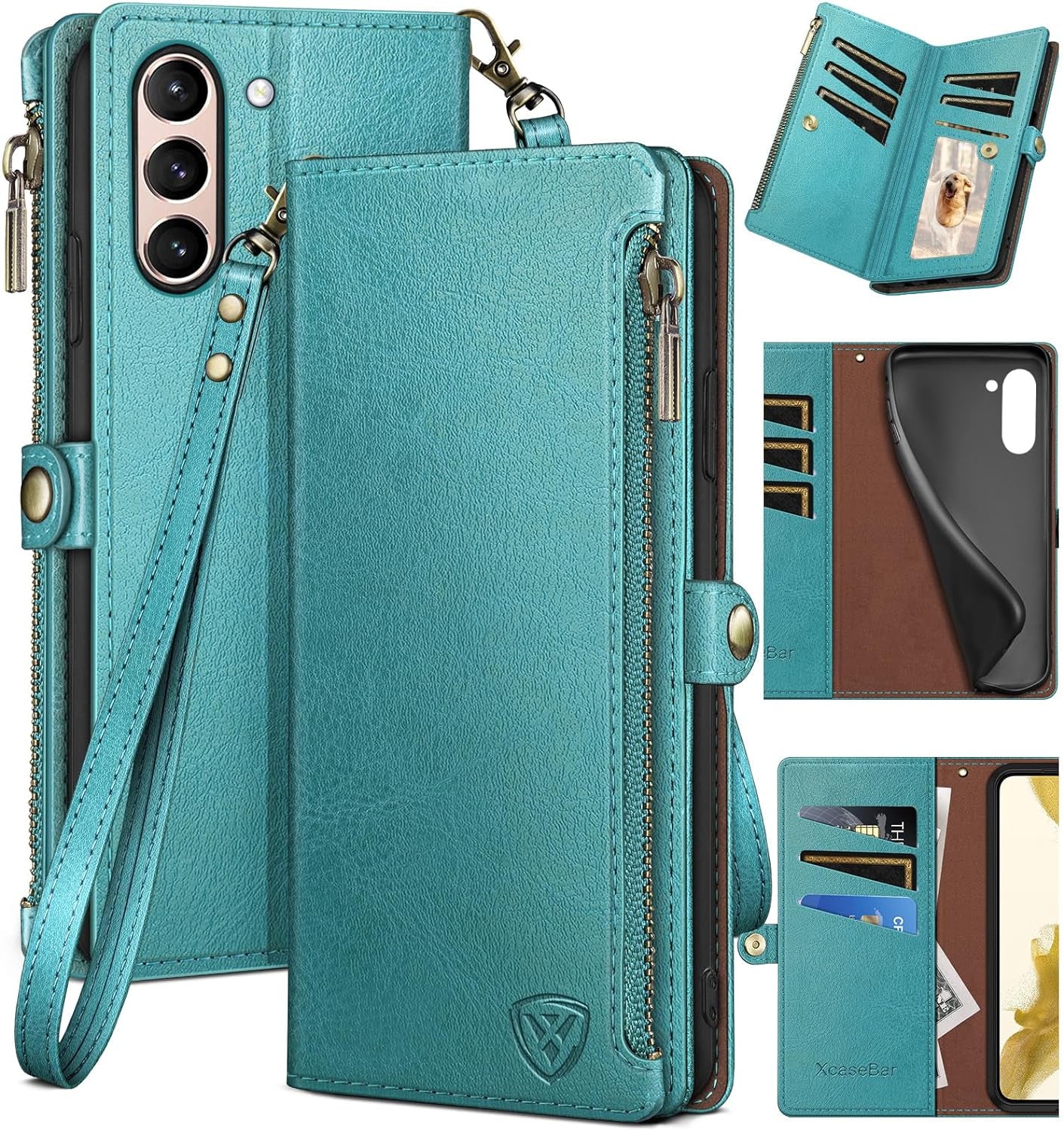 Xcasebar for Samsung Galaxy S21 Wallet Case with Zipper Credit Card Holder【Rfid Blocking】, Flip Folio Book PU Leather Phone Case Shockproof Cover Women Men for Samsung S21 Case Wine Red  XcaseBar Blue Green  