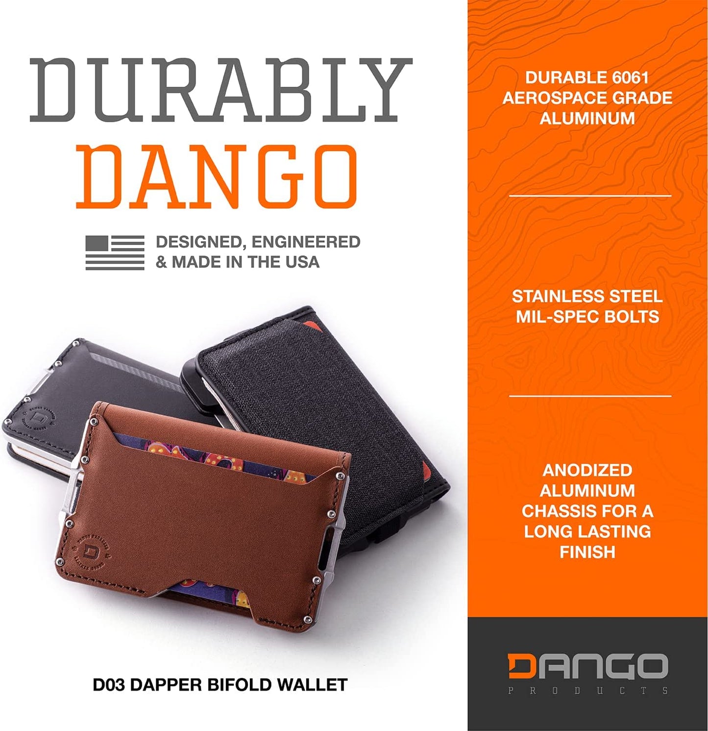 Dango D03 Dapper Bifold EDC Wallet - Made in USA - Genuine Leather, Slim, Minimalist, Metal, RFID Blocking  Dango Products   
