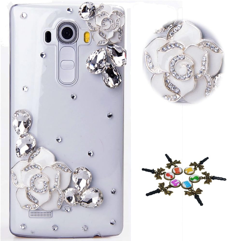 STENES LG G7 Case, LG G7 Thinq Case - STYLISH - 100+ Bling Crystal - 3D Handmade Bling Camellia Flowers Design Protective Cover Case for LG G7 Thinq - White  STENES   