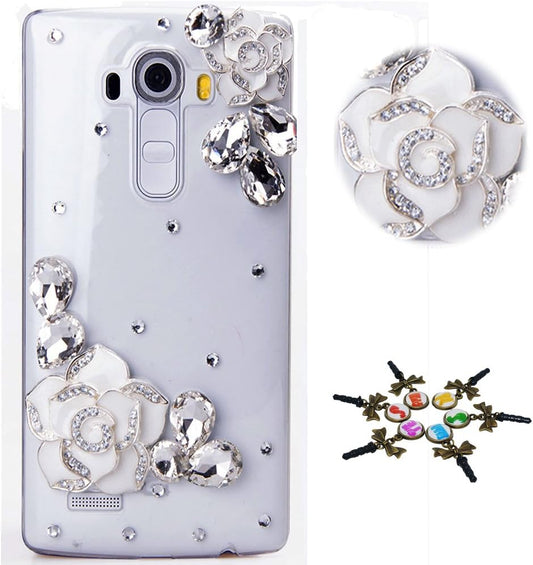 STENES LG G7 Case, LG G7 Thinq Case - STYLISH - 100+ Bling Crystal - 3D Handmade Bling Camellia Flowers Design Protective Cover Case for LG G7 Thinq - White  STENES   