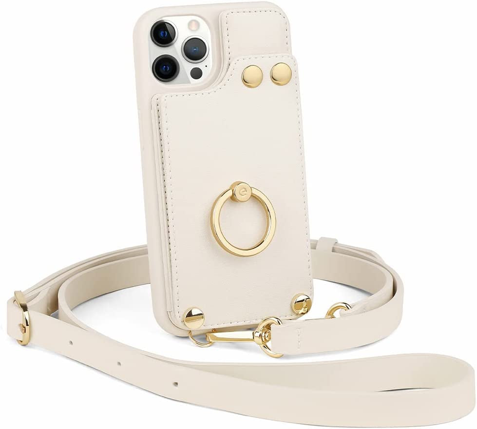 LAMEEKU Magsafe Wallet Case Compatible with Iphone 13 Pro Max with Crossbody, Leather Case with Card Holder 360°Rotation Ring Kickstand Cover with Mirror Designed for Iphone 13 Pro Max 6.7'' Beige  LAMEEKU   