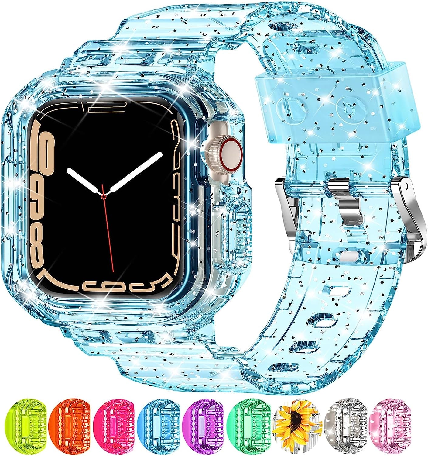 XYF Compatible for Crystal Clear Apple Watch Bands, 45Mm 44Mm 42Mm 41Mm 40Mm 38Mm 49Mm with Bumper Case for Men Women Jelly Sport Case and Band for Iwatch Ultra Series 8 7 SE/6 5 4 3 2 1  XYF GlitterBlue 38/40/41mm 