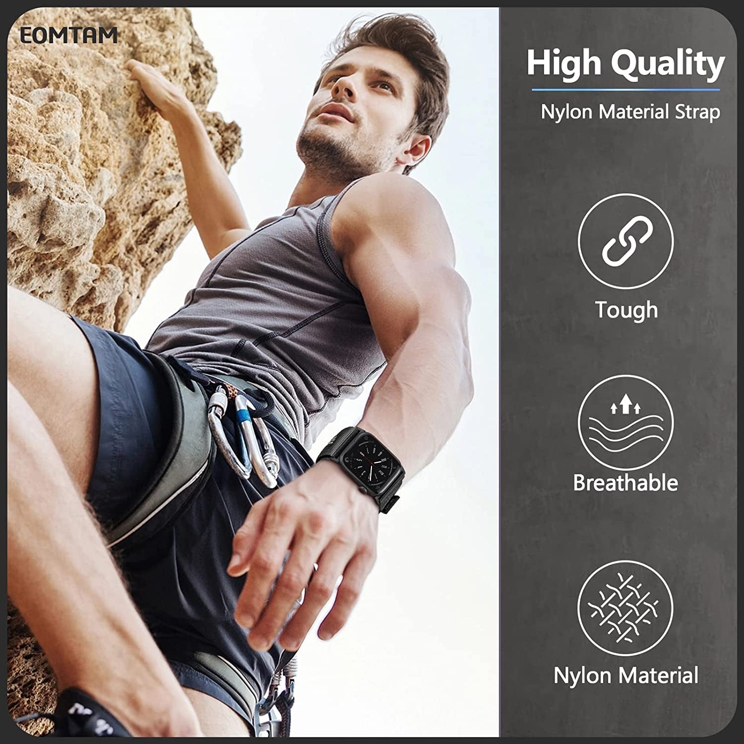 EOMTAM Men Width 30MM Adjustable Nylon Strap for Apple Watch Band Ultra 49Mm 45Mm 44Mm 42Mm 41Mm 40Mm 38Mm, Rugged Sport Soft Woven Wristband for Iwatch Series 8 SE 7 6 5 4 3  EOMTAM   