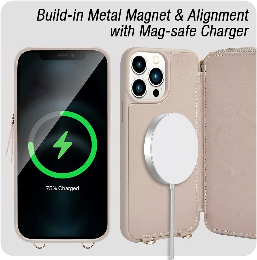 JLFCH Iphone 13 Pro Wallet Case Quilted Leather Women Flip Purse with Crossbody Strap Zipper Support Magsafe Wireless Charging RFID Blocking, ROMIELA Series Iphone 13 Pro 6.1 Inch - Apricot  JLFCH   