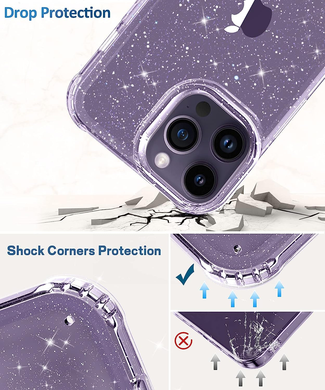 MIODIK Clear Glitter Case for Iphone 14 Pro, [Military-Grade Protective] with Screen Protector + Camera Protector, [Non-Yellowing] Slim Shockproof Women Cute Bumper Cover 6.1" 2022 (Sparkle Clear)  MIODIK   