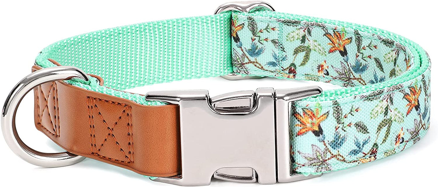WHIPPY Girl Floral Dog Collar Cute Pink Flower Print Puppy Collar Adjustable Heavy Duty Nylon Collar with Metal Buckle Soft Comfortable Collar for Small Medium Large Dog Pet,M,Flower Pink  WHIPPY G-Green L: 16"-25" 