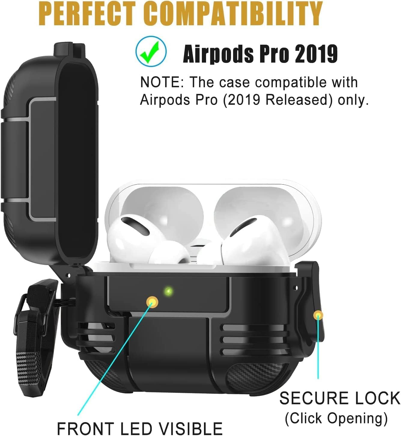 Wonjury for Airpods Pro Case Cover for Men with Lock, Military Armor Series Full-Body Airpod Pro Case with Keychain Cool Air Pod Pro Shockproof Protective Case for Airpods Pro 2019, Spring Lock Black  Wonjury   