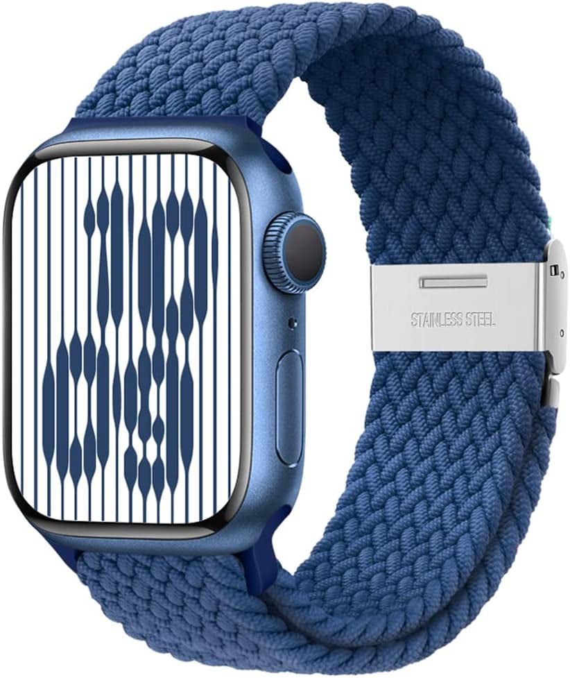 Qimela Compatible with Apple Watch Band 49Mm 45Mm 44Mm 42Mm,Stretchy Sport Solo Loop Strap with Adjustable Buckle,Elastic Nylon Braided Wristband for Iwatch Series 8 7 6 SE 5 4 3 2 1 Ultra,Women Men  FS-TECH Atlantic Blue 38mm/40mm/41mm 