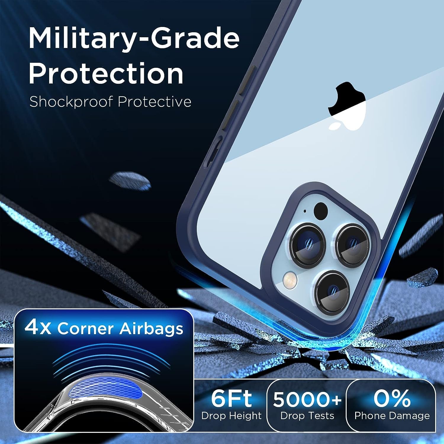 [2023 New] for Iphone 13 Pro Case Clear, [Non-Yellowing] [Military Drop Protection] Shockproof Bumper Slim Fit Phone Case Thin Cover for Apple 13Pro (6.1 In, Clear-Navy Blue)  Gotrays Gavin LLC   